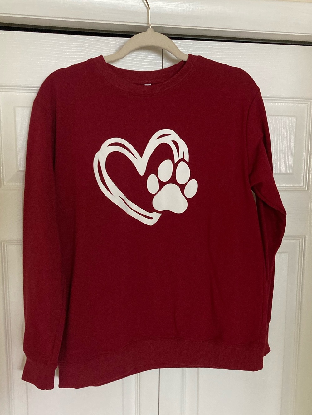Red Women's Crewneck Sweatshirt with Paw Heart Graphic - Picture 6 of 9